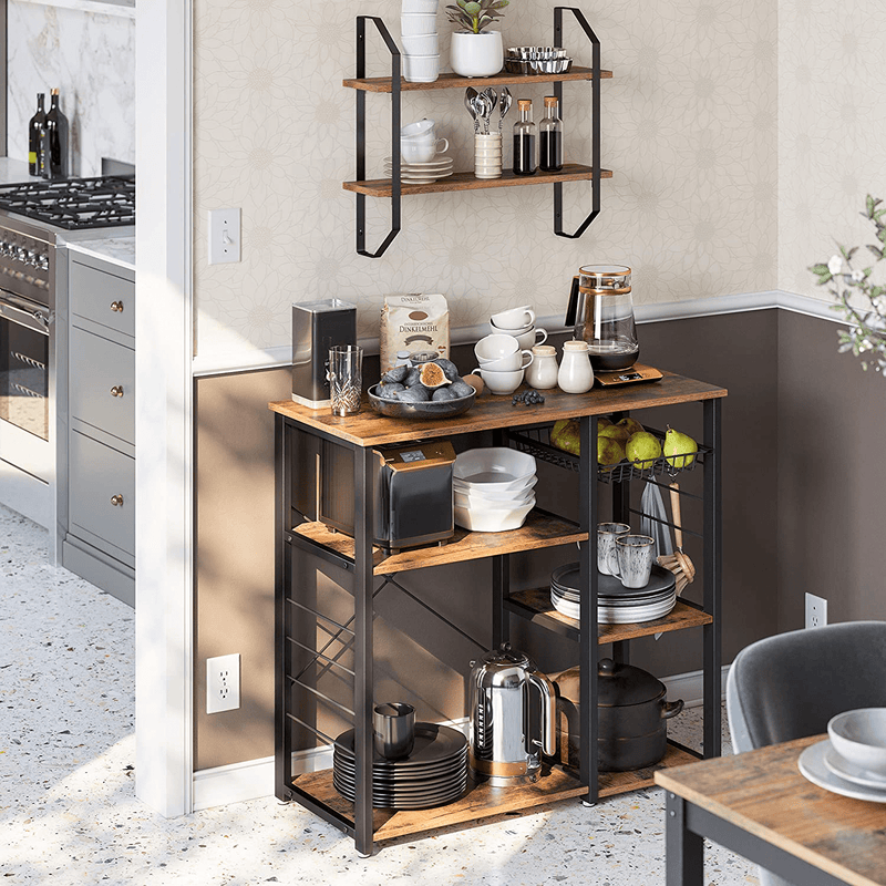 VASAGLE ALINRU Kitchen Baker’s Rack, Coffee Bar with Wire Basket 6 Hooks Microwave Oven Stand Metal Frame Wood Look, 35.4", Rustic Brown