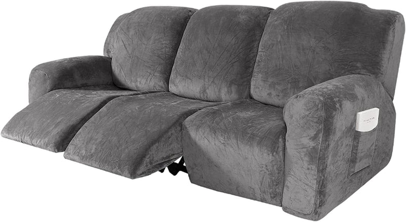 Velocvil 8 Pieces Recliner Sofa Covers for 3 Cushion Couch, Velvet Stretch Reclining Couch Cover for 3 Seat, Washable Furniture Protector Slipcover for Kids Dogs, Dark Grey