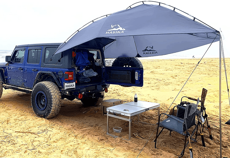 Versatility Teardrop Awning for SUV Rving, Car Camping, Trailer and Overlanding Light Weight Truck Canopy Durable Tear Resistant Tarp with 2 Sandbag