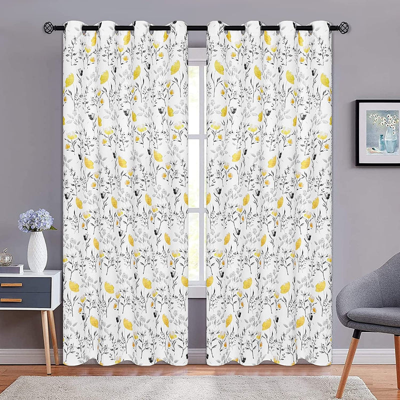 VERTKREA Yellow Flower Watercolor Window Curtains, Yellow and Gray Floral Curtains, Yellow and White Grommet Drapes for Bedroom Living Room Kitchen Bathroom Nursery, Set of 2 Panels, 52 X 84 Inches