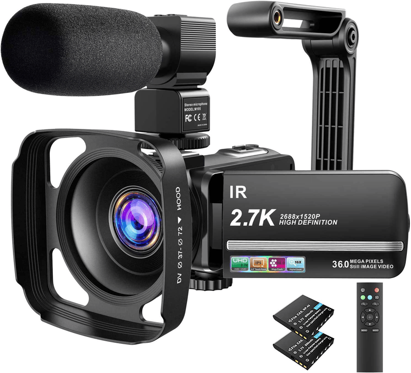 Video Camera Camcorder 2.7K Ultra HD YouTube Vlogging Camera 36MP IR Night Vision Digital Camera Recorder 16X Digital Zoom 3 inch IPS Touch Screen Video Camcorder with Microphone Handheld Stabilizer