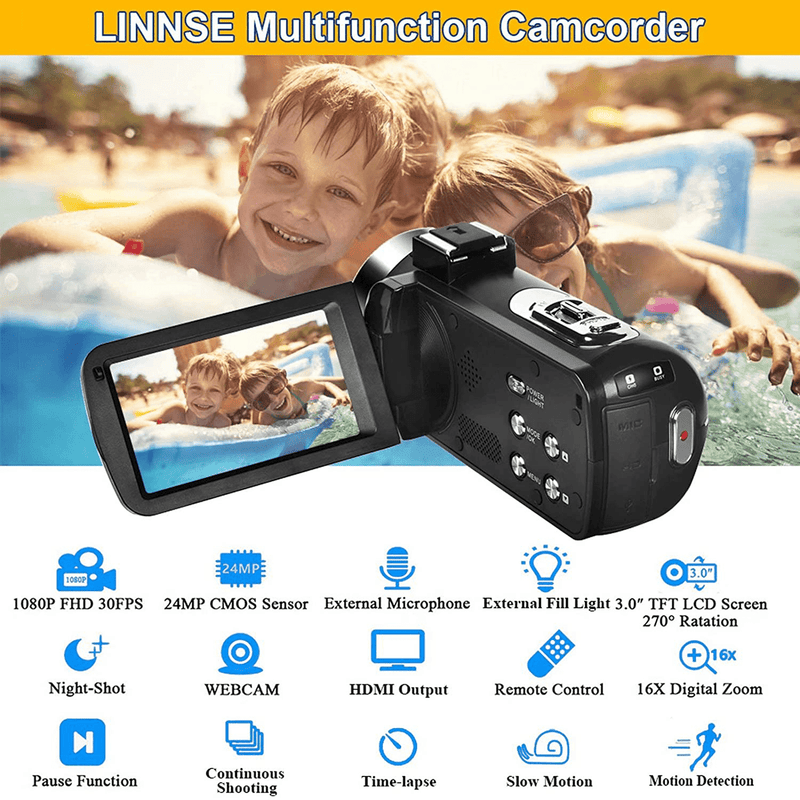 Video Camera Camcorder Full HD 1080P 30FPS 24.0 MP IR Night Vision Vlogging Camera Recorder 3.0 Inch IPS Screen 16X Zoom Camcorders Camera Remote Control with 2 Batteries