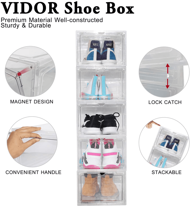 VIDOR Shoe Boxes Clear Plastic Stackable,6 Pack Shoe Storage Box Organizer for Closets,Sneakers,Plastic Shoe Boxes with Lids,Easy Assembly,Fit for US Size 12(Clear)