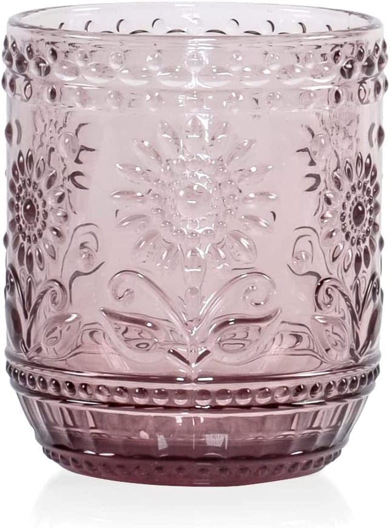 Vintage Botanist Drinking Glass Set, Luxurious Floral Embossed Decorative Purple Glassware, Set of 4, 4-Inch, 12 Oz