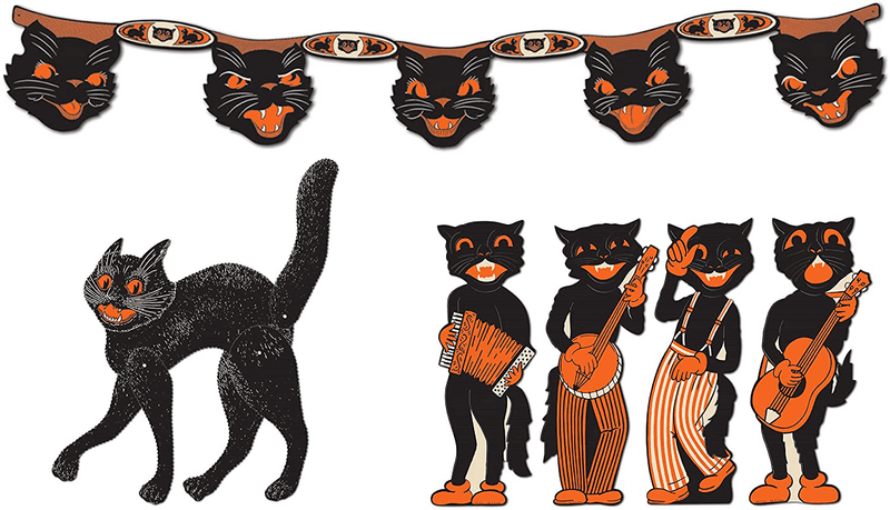 Vintage Halloween Black Cat Décor Bundle | Includes Streamer, Scat Cat Band Cutouts, and Jointed Black Cat