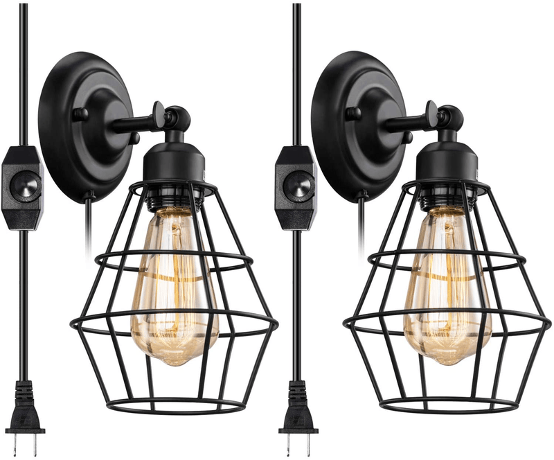 Vintage Plug in Dimmable Wall Sconce 2 Pack, Elibbren Hardwired Industrial Edison Wire Cage Wall Light with Dimmer Switch 5.9FT Plug in Cord, Rustic Wall Light Fixture for Headboard, Bedroom, Nightsta