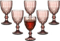 Vintage Wine Glasses Set of 6, 10 Ounces Colored Glass Water Goblets, Unique Embossed Pattern High Clear Stemmed Glassware Wedding Party Bar Drinking Cups Floral Purple