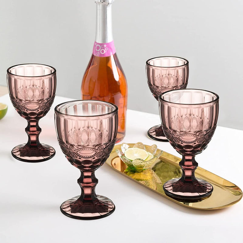 Vintage Wine Glasses Set of 6, 10 Ounces Colored Glass Water Goblets, Unique Embossed Pattern High Clear Stemmed Glassware Wedding Party Bar Drinking Cups Floral Purple