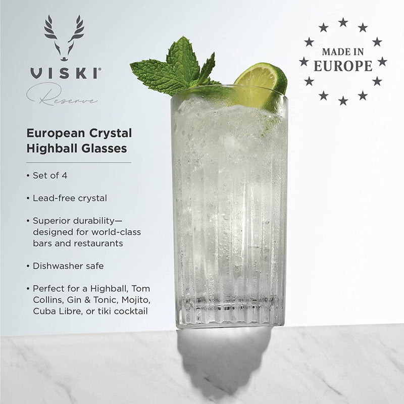 Viski Crystal Highball Glasses - European Crafted Collins Glasses Set of 4 - 14Oz Cocktail Glass for Wedding or Anniversary and Special Occasions Gift Ideas