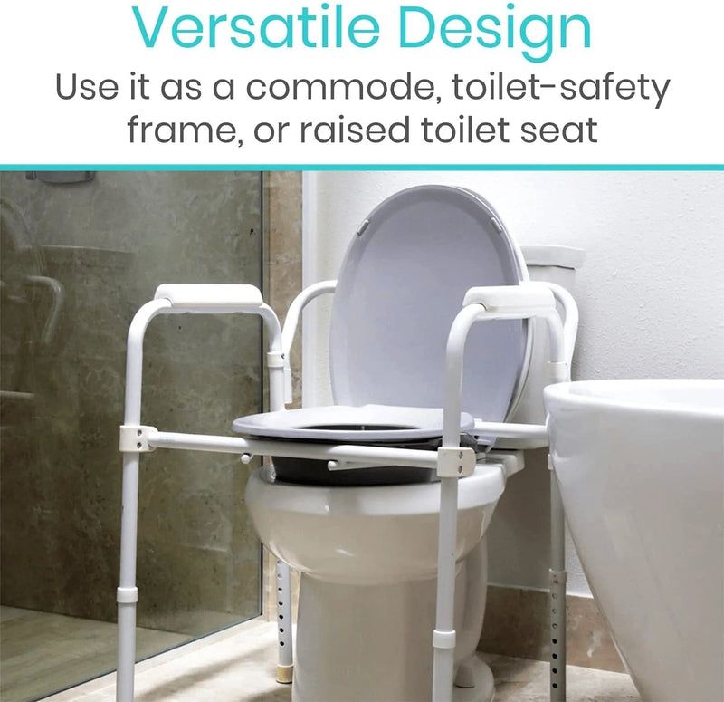 Vive Bedside Commode Toilet Chair (Folding) - 350 Lb Capacity, Safety Rail, Shower Chair - 3 in 1 Heavy Duty Bariatric Bucket with Padded Arms, Tight Lid – Portable Seat for Home - Steel