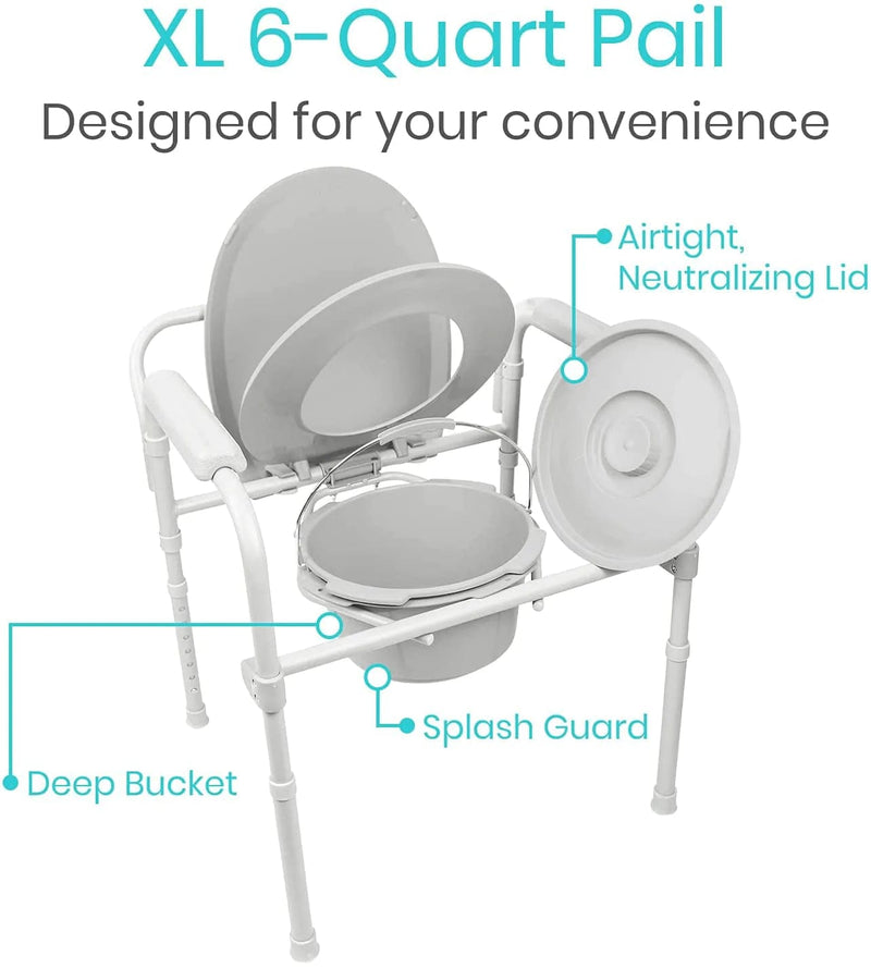 Vive Bedside Commode Toilet Chair (Folding) - 350 Lb Capacity, Safety Rail, Shower Chair - 3 in 1 Heavy Duty Bariatric Bucket with Padded Arms, Tight Lid – Portable Seat for Home - Steel
