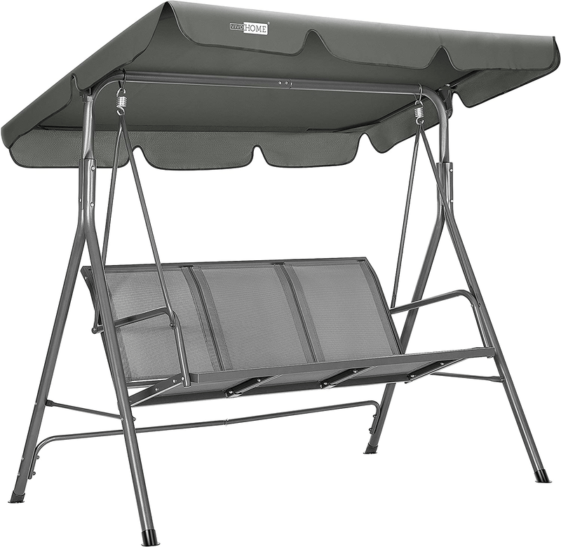 VIVOHOME 3-Seater Outdoor Adjustable Canopy Swing Chair Gray with 32 Inch Heavy Duty 3 in 1 Metal Square Patio Firepit Table BBQ Garden Stove