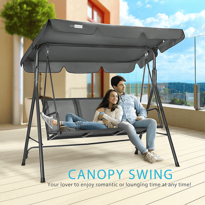 VIVOHOME 3-Seater Outdoor Adjustable Canopy Swing Chair Gray with 32 Inch Heavy Duty 3 in 1 Metal Square Patio Firepit Table BBQ Garden Stove