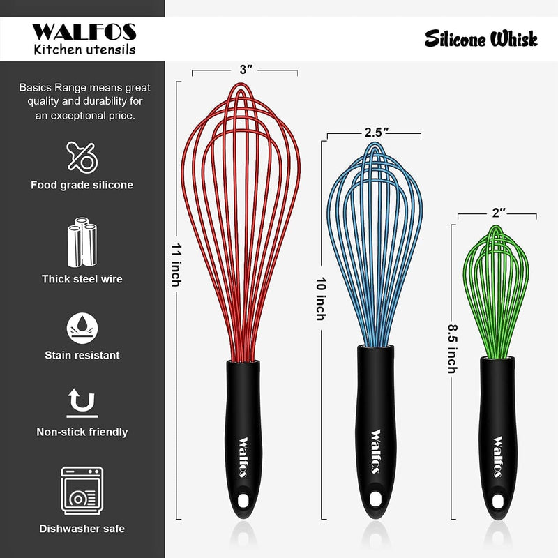 Walfos Silicone Balloon Whisk, Heat Resistant Non Scratch Coated Kitchen Whisks for Cooking Nonstick Cookware, Balloon Egg Wisk Perfect for Blending, Baking, Beating, Set of 3 ,Red,Blue,Green