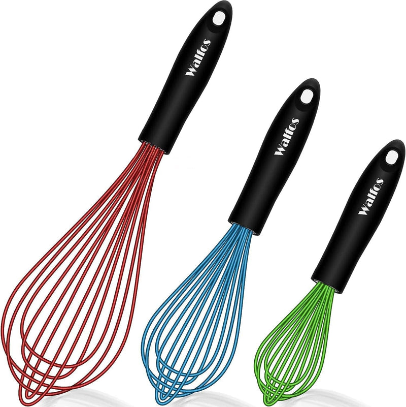 Walfos Silicone Balloon Whisk, Heat Resistant Non Scratch Coated Kitchen Whisks for Cooking Nonstick Cookware, Balloon Egg Wisk Perfect for Blending, Baking, Beating, Set of 3 ,Red,Blue,Green