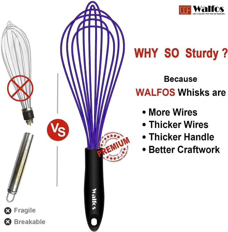 Walfos Silicone Whisk, Non Scatch Rubber Coated Whisk for Cooking & Baking- Set of 3-Heat Resistant Kitchen Whisks for Non-Stick Cookware, Balloon Egg Wisk Perfect for Blending, Beating, Frothing