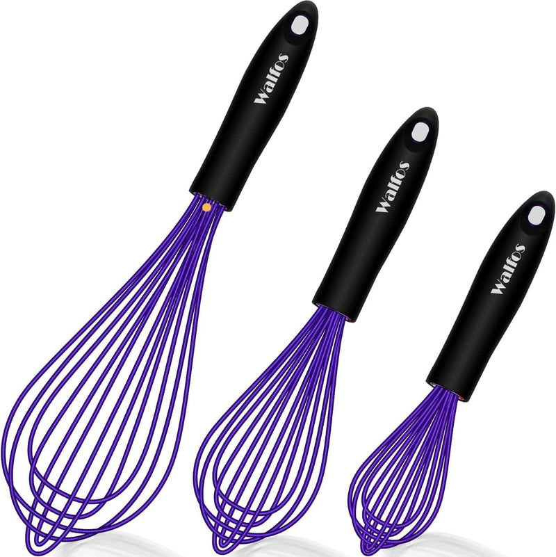 Walfos Silicone Whisk, Non Scatch Rubber Coated Whisk for Cooking & Baking- Set of 3-Heat Resistant Kitchen Whisks for Non-Stick Cookware, Balloon Egg Wisk Perfect for Blending, Beating, Frothing
