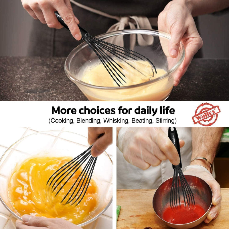 Walfos Silicone Whisk, Stainless Steel Wire Whisk Set of 3 -Heat Resistant Kitchen Whisks for Non-Stick Cookware, Balloon Egg Beater Perfect for Blending, Whisking, Beating, Frothing & Stirring, Black