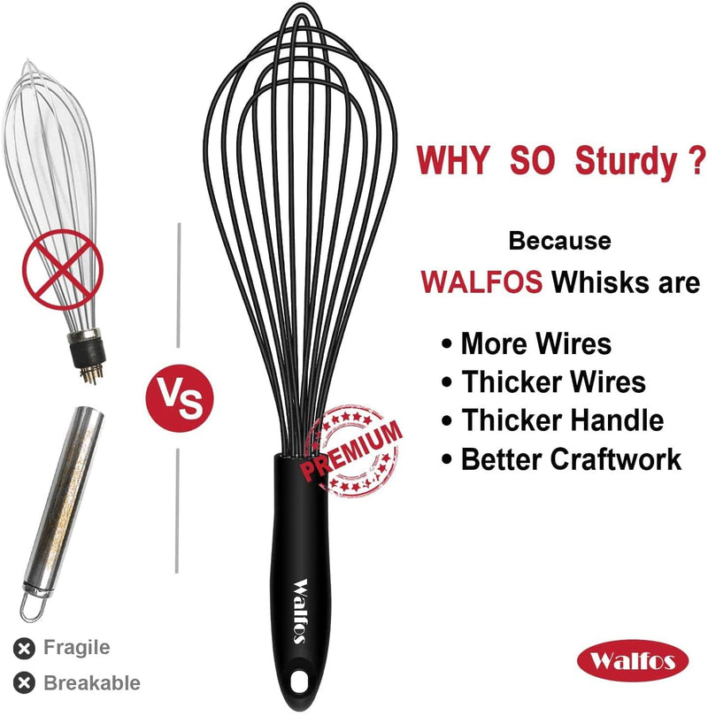 Walfos Silicone Whisk, Stainless Steel Wire Whisk Set of 3 -Heat Resistant Kitchen Whisks for Non-Stick Cookware, Balloon Egg Beater Perfect for Blending, Whisking, Beating, Frothing & Stirring, Black