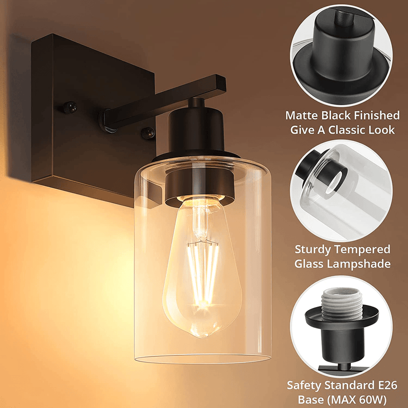 Wall Sconces Set of Two, Matte Black Vanity Lights for Bathroom, Modern Wall Light Fixtures, Metal Sconces Wall Lighting with Clear Glass Shade, Farmhouse Wall Lamp for Bedroom Mirror Living Room