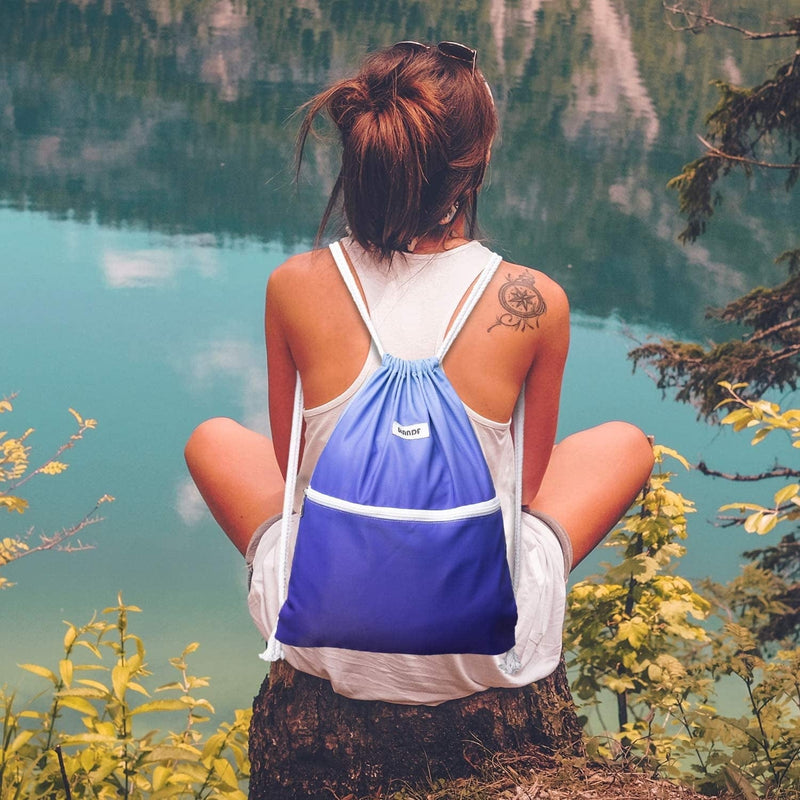 WANDF Drawstring Backpack String Bag Sackpack Cinch Water Resistant Nylon for Gym Shopping Sport Yoga (Blue)