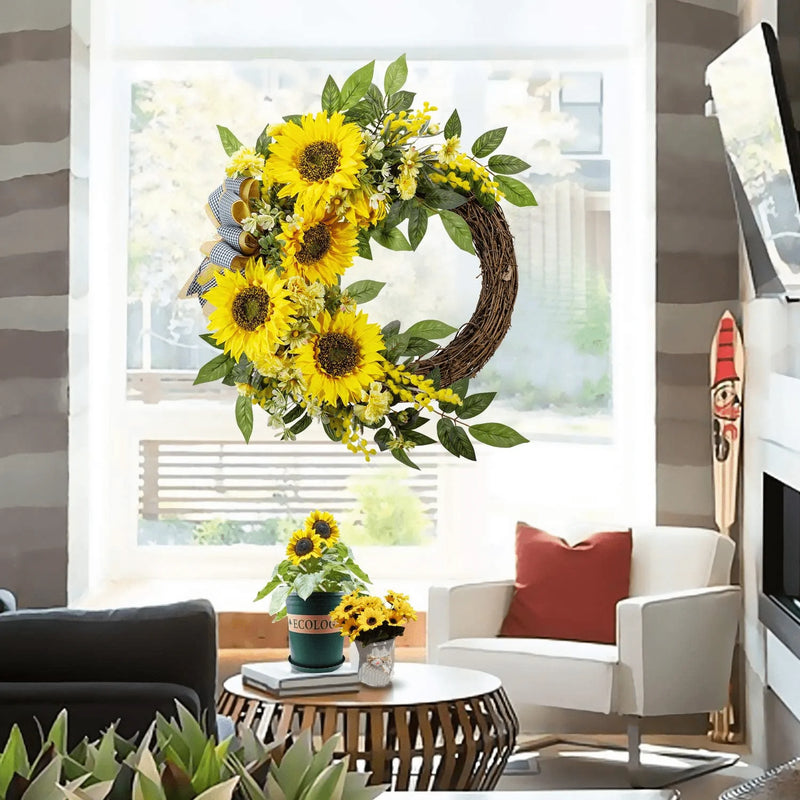 WANNA-CUL 18 Inch Spring Summer Artificial Sunflower Wreath for Front Door,Yellow Decorative Fall Autumn Floral Door Wreath with Daisy,Green Leaves and Linen Ribbon for Wall or Home Decoration