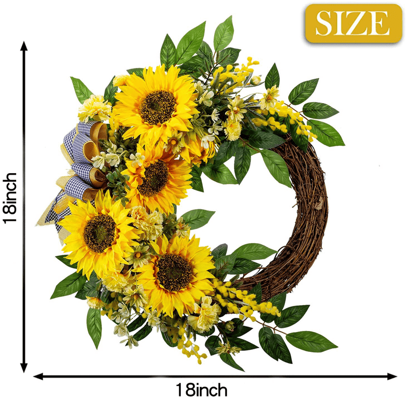 WANNA-CUL 18 Inch Spring Summer Artificial Sunflower Wreath for Front Door,Yellow Decorative Fall Autumn Floral Door Wreath with Daisy,Green Leaves and Linen Ribbon for Wall or Home Decoration