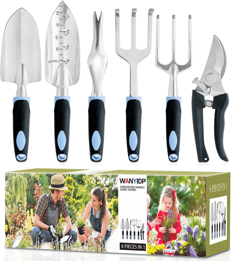 wanyi Garden Tool Set, 6-Piece Aluminum Lightweight Gardening kit with Soft Rubber Anti-Skid Ergonomic Handle, Garden Gift kit (Black/Blue)