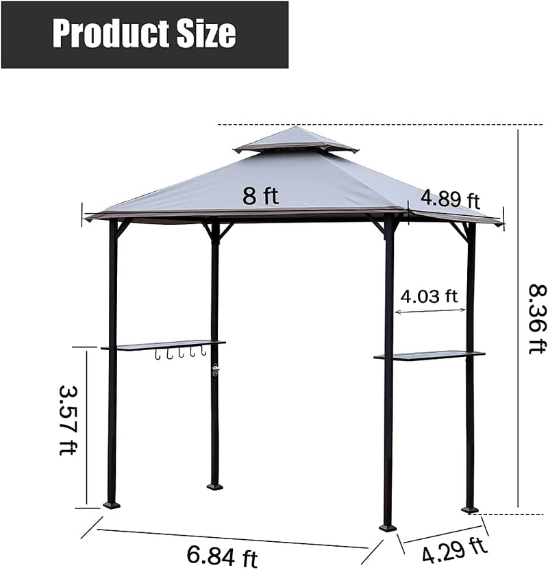 Warmally 8'x5' Grill Gazebo BBQ Patio Shelter Canopy for Outdoor Barbecue Tent Available at Night Dark Grey