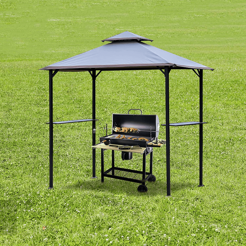 Warmally 8'x5' Grill Gazebo BBQ Patio Shelter Canopy for Outdoor Barbecue Tent Available at Night Dark Grey