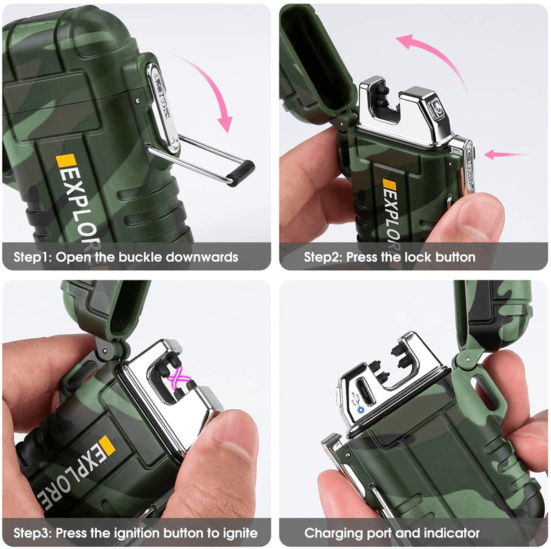 Waterproof Lighter Outdoor Windproof Lighter Dual Arc Lighter Electric Lighters USB Rechargeable-Flameless-Plasma Cool Lighters for Camping,Hiking,Adventure,Survival Tactical Gear (Camouflage)