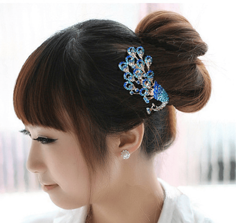 Wedding Bridal Headpiece Rhinestone Hair Comb Women Peacock Hair Clip Side Comb Hair Accessory(Blue)