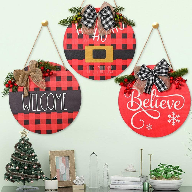 Welcome Sign for Front Door, Buffalo Plaid Wooden Welcome Hanging Door Sign Christmas Decorations Wreath for Front Door Home Farmhouse Porch Indoor Outdoor