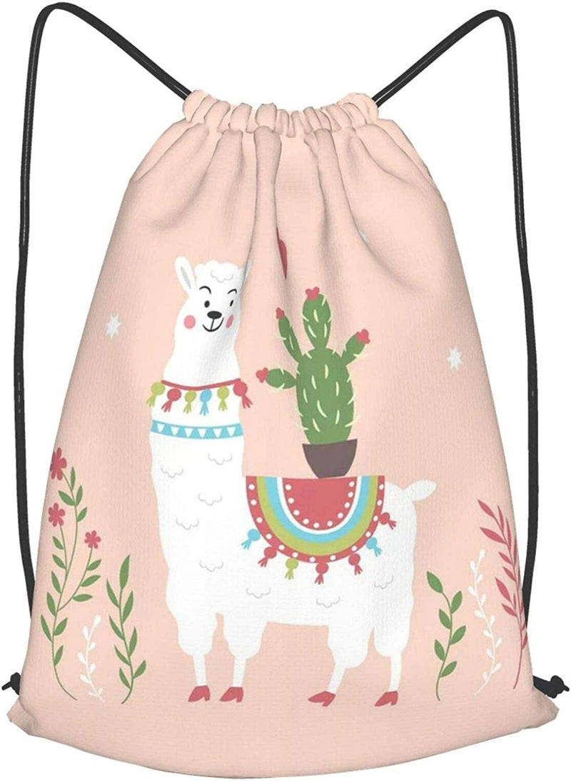 White Alpaca Llama Cactus Flower Drawstring Backpack Pink String Storage Bags for Men Women Girls Kids Bulk Gym Sports Travel Swimming Sackpack