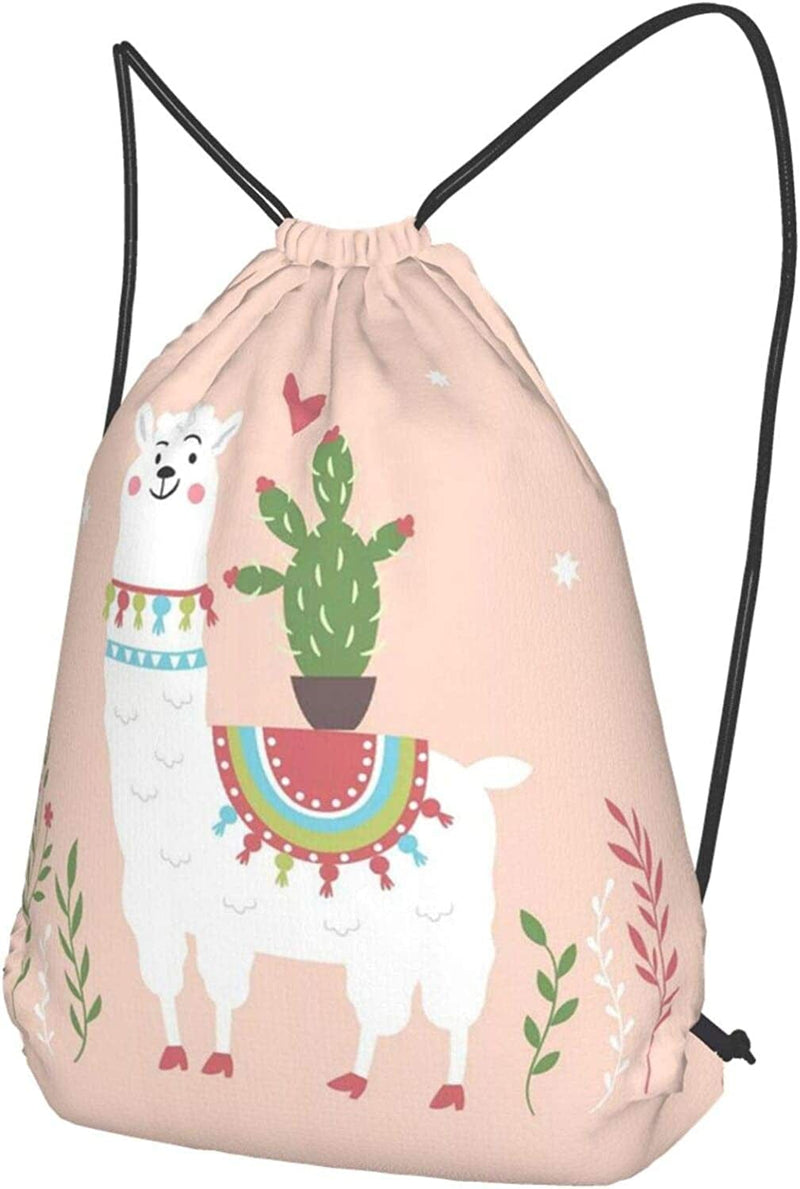 White Alpaca Llama Cactus Flower Drawstring Backpack Pink String Storage Bags for Men Women Girls Kids Bulk Gym Sports Travel Swimming Sackpack