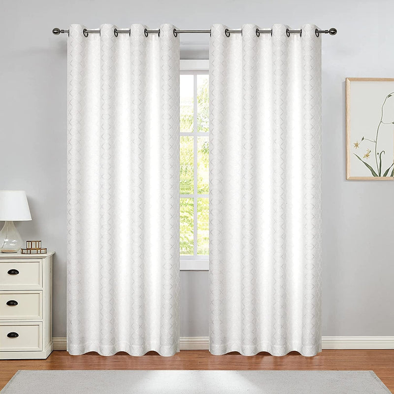 White Geometric Trellis Jacquard Curtain Panel Diamond Pattern Grommet Top Light Filtering Window Drapes for Bedroom/Living Room, Cream White, 50"X95", 2 Panel