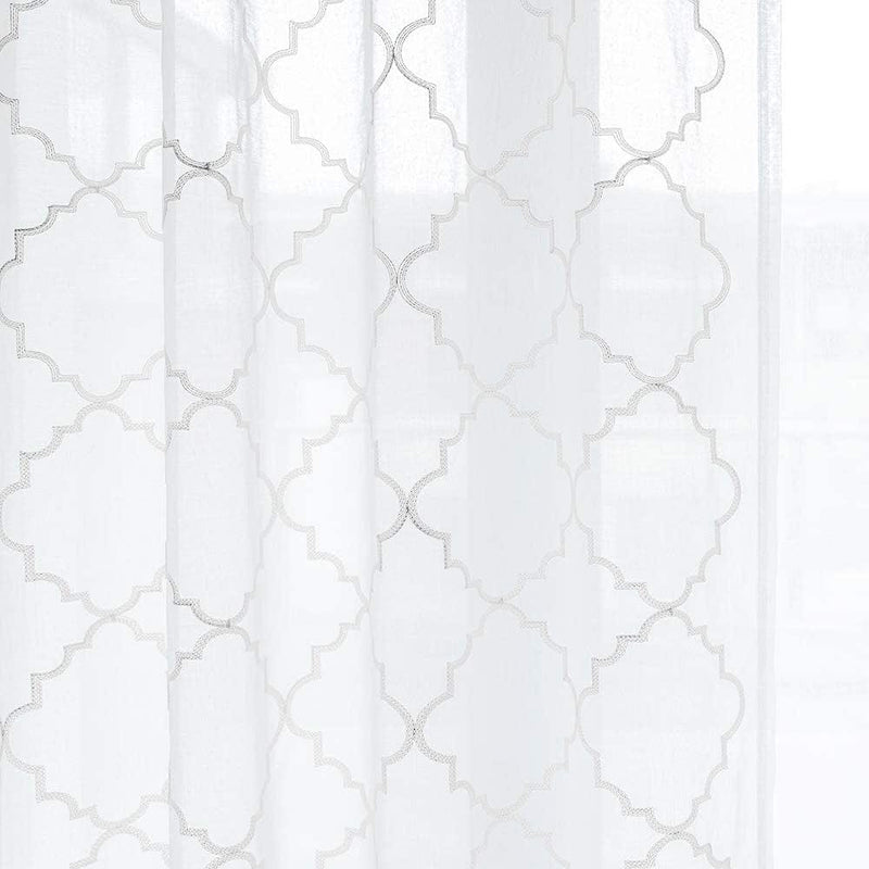 White Sheer Curtains 84 Inches Long, Rod Pocket Sheer Drapes for Living Room, Bedroom, 2 Panels, 52"X84", Embroidered Moroccan Tile Lattice Design Semi Voile Window Treatments for Yard, Patio, Villa.