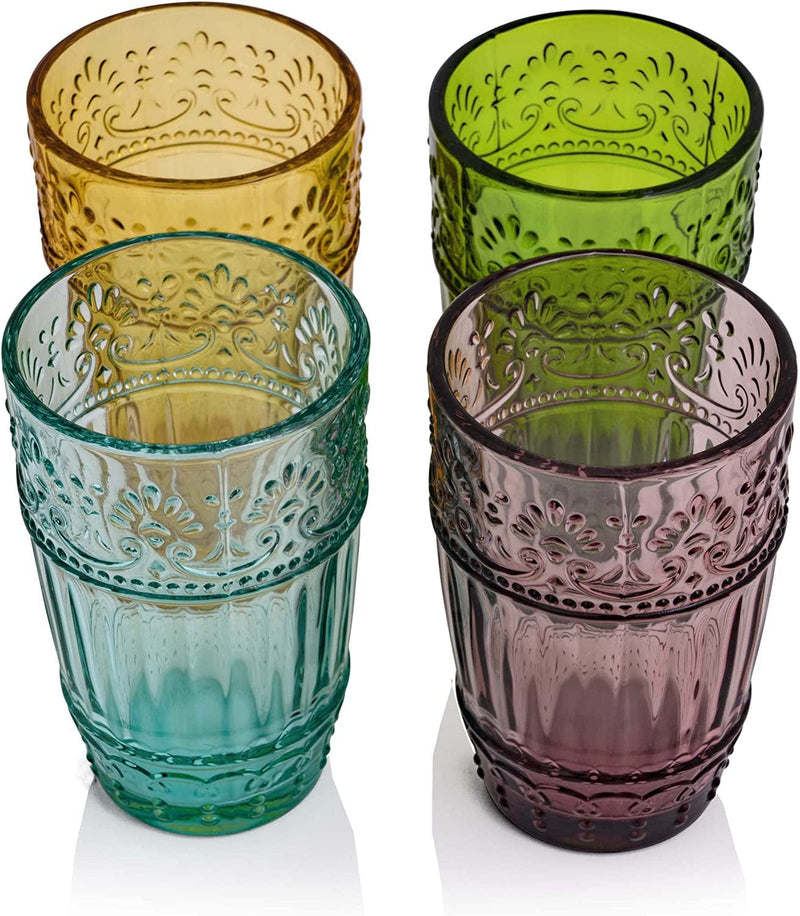 WHOLE HOUSEWARES | Vintage Glass Tumblers | Set of 4 Drinking Glasses | 11Oz Embossed Design | Drinking Cups for Water, Iced Tea, Juice (Multi-Color)
