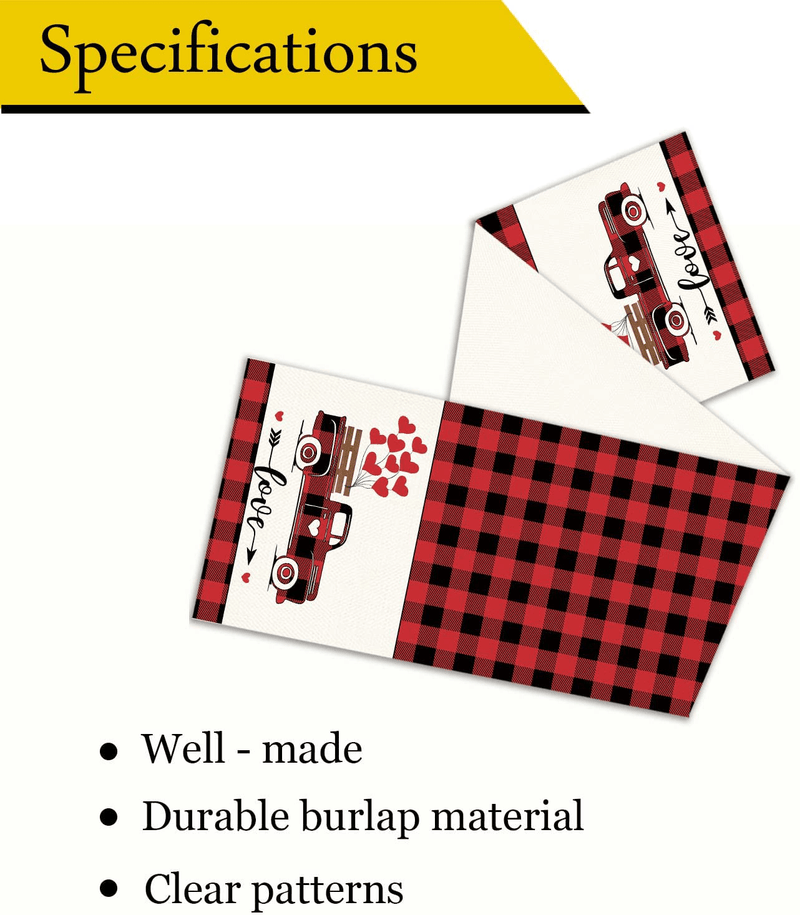 WHOMEAF Valentine Day Red Truck Table Runner Buffalo Check Plaid Love Heart Dinging Table Runner Seasonal Holiday Anniversary Wedding Kitchen Dining Table Decoration for Home Party Decor 13 X 72 Inch