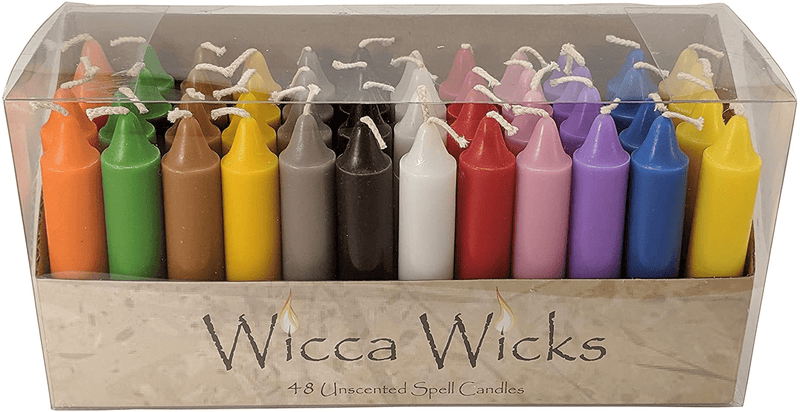Wicca Wicks - Box of 48 Colored Candles | 4 inches Tall & 3/4 inch Diameter | Witchcraft Supplies for Your Personal Wiccan Altar, Spells, Charms & Rituals | Witchy Room Decor | Taper Candlesticks