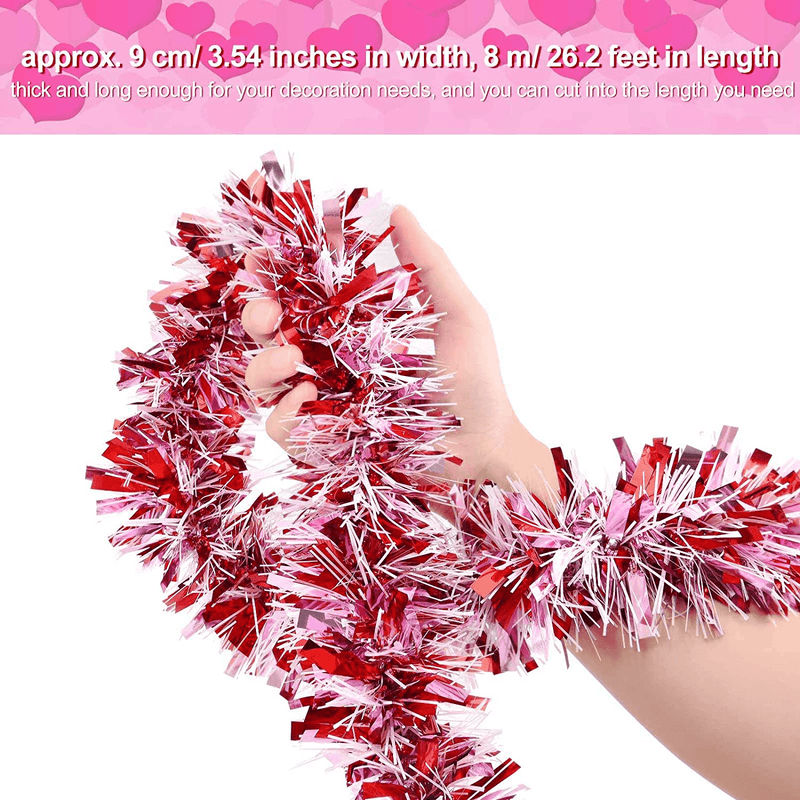 WILLBOND 26.2 Feet Valentines Tinsel Garland Metallic Shiny Hanging Garland Colorful Tinsel Garland Decoration for Valentines Party Indoor and Outdoor Decor (Red, Light Pink and White)