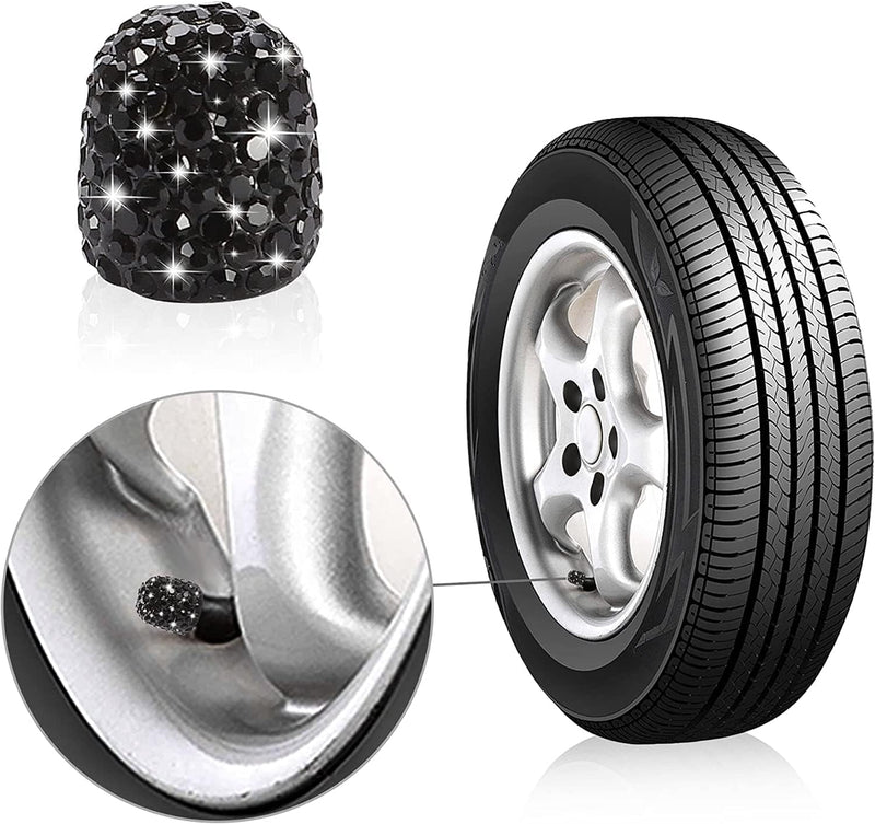 WINKA Set of 4 Rhinestone Tire Valve Stem Caps Bling Car Accessory Compatible with Universal Wheel Air Stem Valve Black