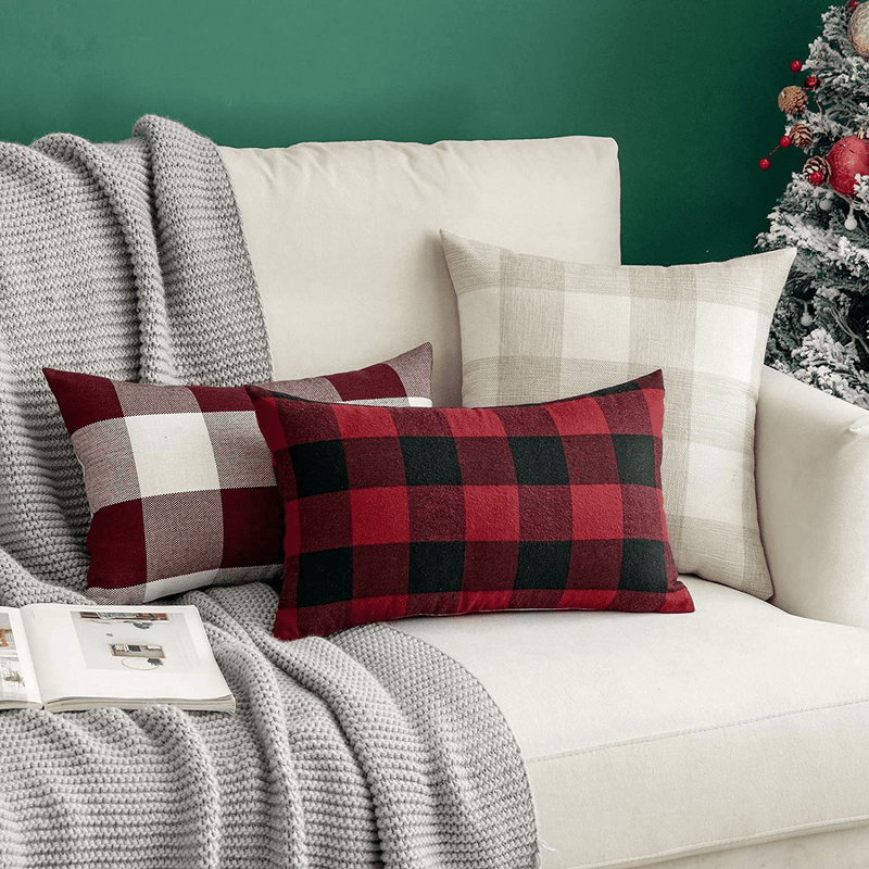 Woaboy Pack of 2 Christmas Buffalo Check Plaids Farmhouse Throw Pillow Covers Decorative Pillowcases Cushion Covers Square for Decor Sofa Bedroom Car 12X20Inch 30X50Cm Red and White