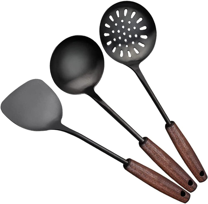 Wok Spatula and Ladle Tools Set - Vintage Wok Spatula Stainless Steel - 14.8-15 Inch Wok Cooking Utensils Set with Heat Resistant Wooden Handle - Solid Wok Accessories