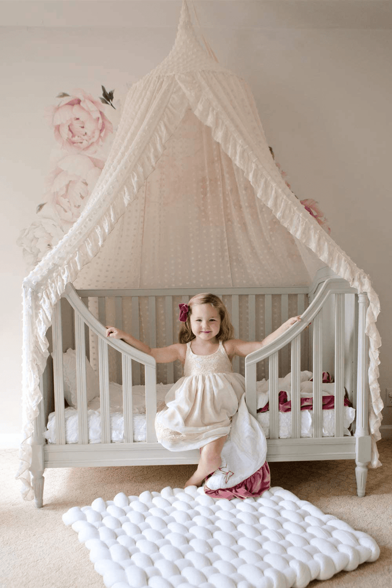 Wonder Space Elegant Kids Bed Canopy - Lace Chiffon Netting with Pom Pom, Princess Girls Fairy Dream Tent, Nursery Room Baby Crib Hanging Curtain Mosquito Net Children Reading Nook Decoration, Beige