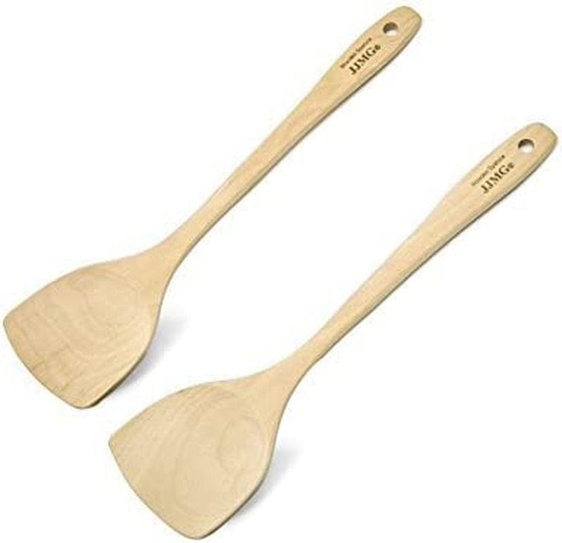 Wood Wok Spatula Cooking Utensils JJMG® Kitchen Handcrafted Curved Stir Fry Wooden Mixing Spoon Serving Turner Tool (Pack of 2)
