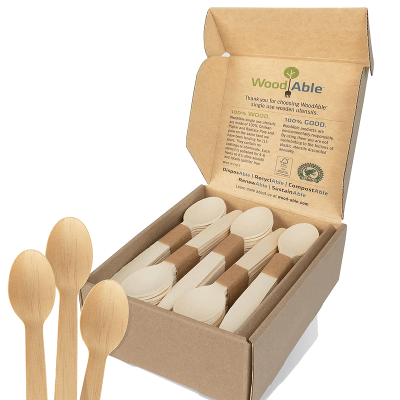 WoodAble - Disposable Wooden Cutlery | Self - Dispensing 4 Pack | Efficient Storage Box | 12x Forks 6X Knifes 6X Spoons (24 Pieces) Per Pack | 96 Pieces Total | FSC Certified - Eco Biodegradable