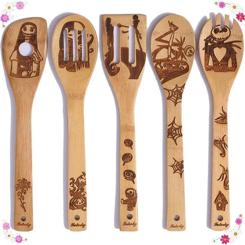 Wooden Spoons for Cooking Utensils Set of 5, Magic Organic Burned Engraved Wizard Harr Potter Kitchen Bamboo Tools Accessories Women Halloween Gifts for Baking Wedding Housewares