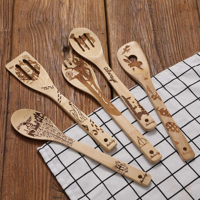 Wooden Spoons for Cooking Utensils Set of 5, Magic Organic Burned Engraved Wizard Harr Potter Kitchen Bamboo Tools Accessories Women Halloween Gifts for Baking Wedding Housewares