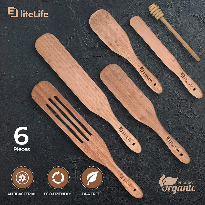 Wooden Spurtle Set Bamboo Cooking Utensils, Wooden Spatulas Set, 6 Pcs Natural Bamboo Wood Spurtle Kitchen Tools as Seen on TV, Utensil Set Heat Resistant Non Stick Wood Cookware, Slotted Spatula